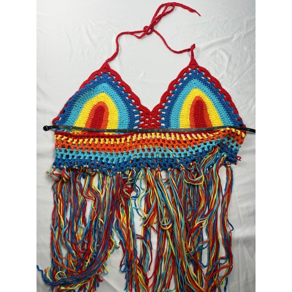 Boho Rainbow Crochet Tassel Halter Top Festival Wear S/M - Picture 4 of 6